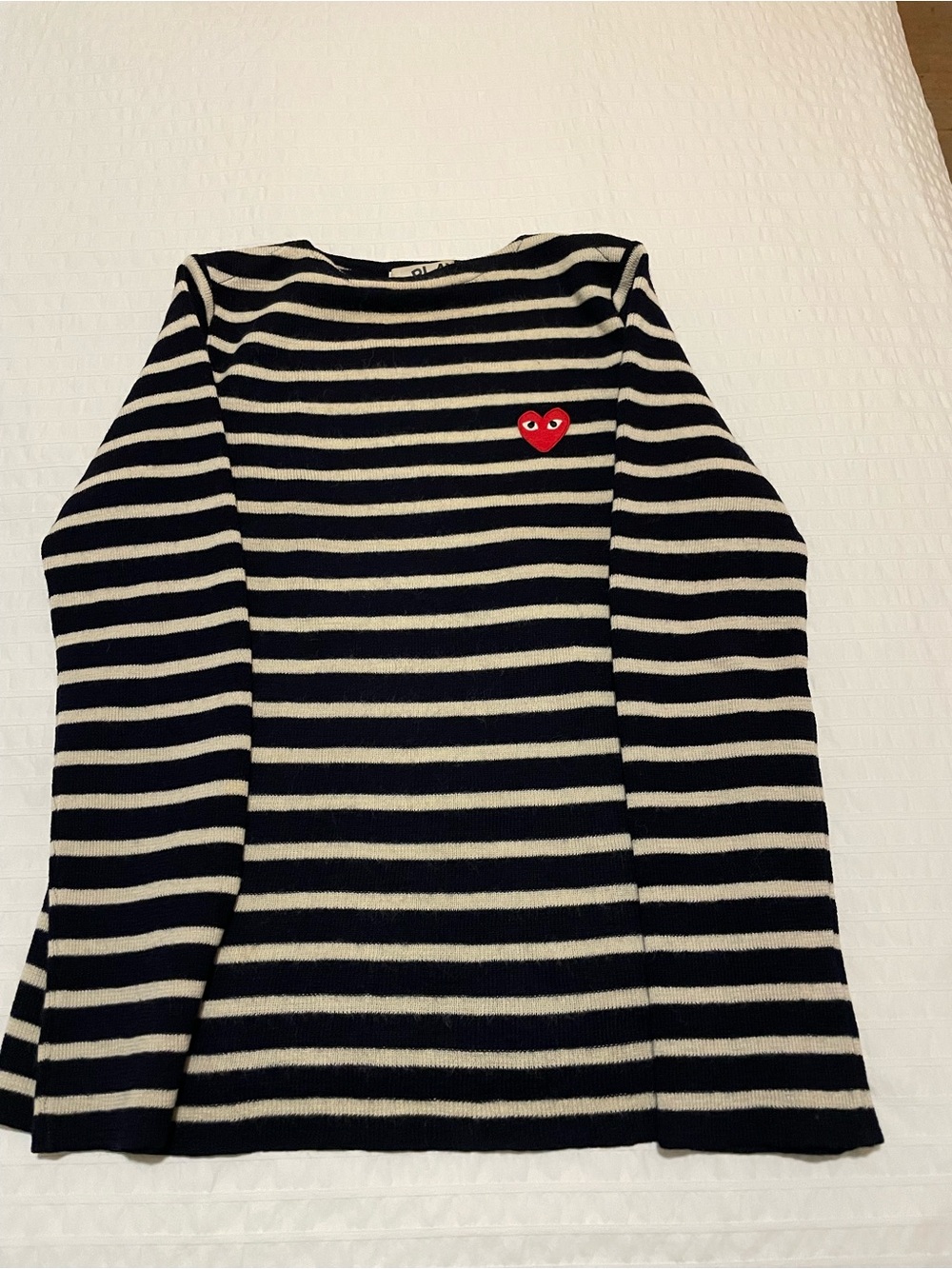 Comme des Garçons PLAY Navy & Cream Striped Knit Top with Red Heart